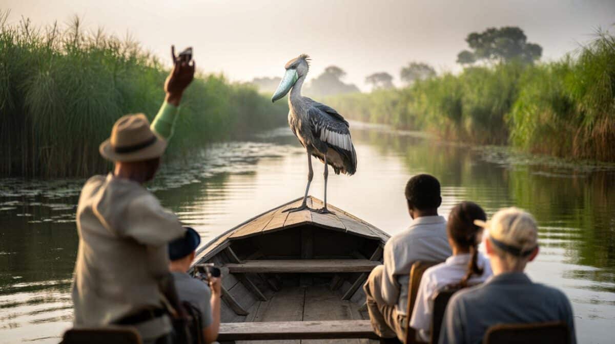Dinosaurierähnlicher Vogel landet plötzlich auf Touristenboot in Uganda